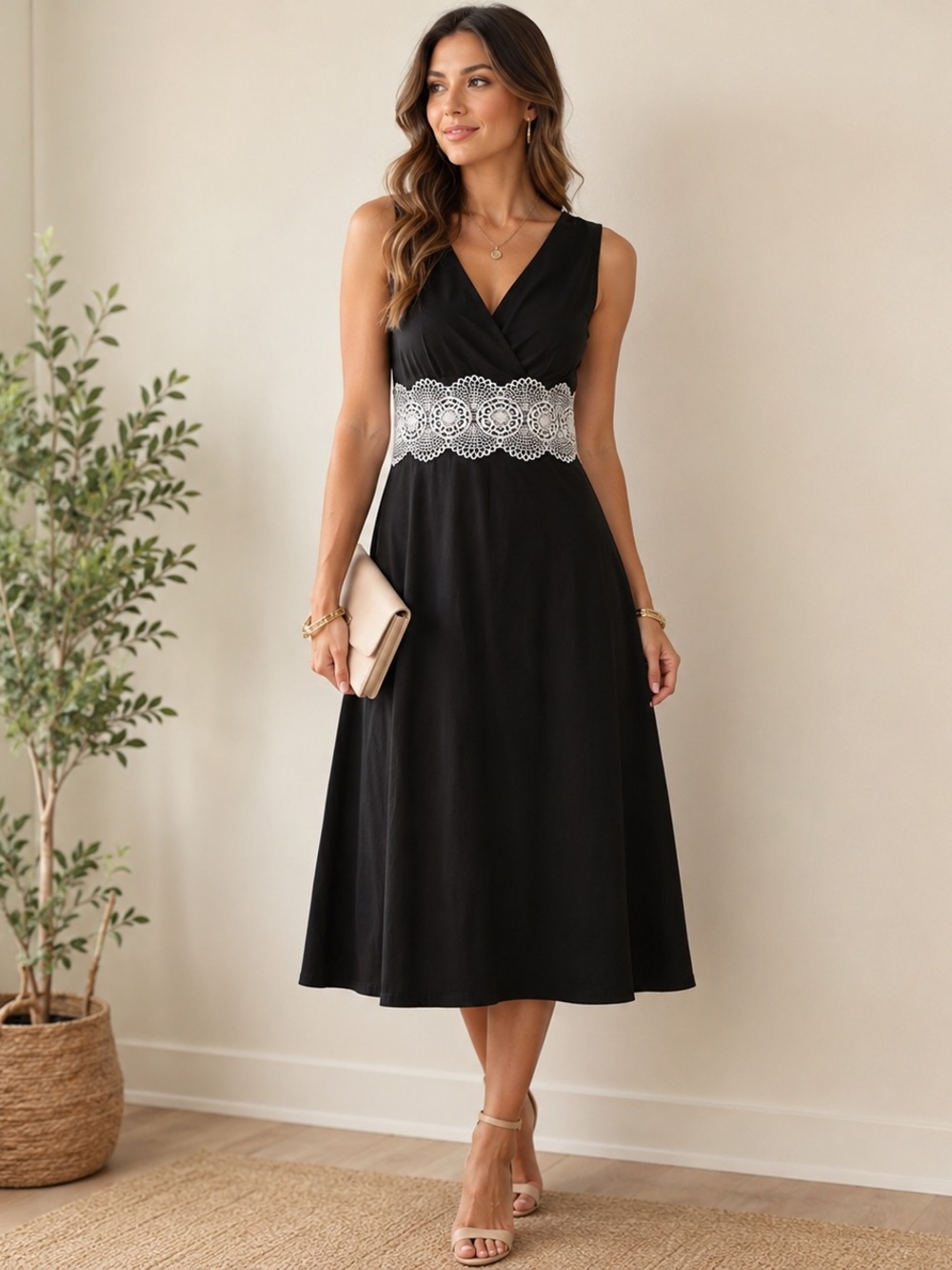 LOFT Black Midi Dress with White Lace Waistband